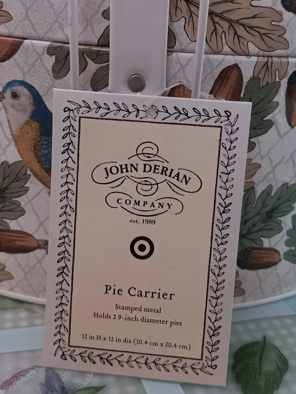 John Derian Double Pie Carrier | Stamped Metal | Bird & Leaf Design